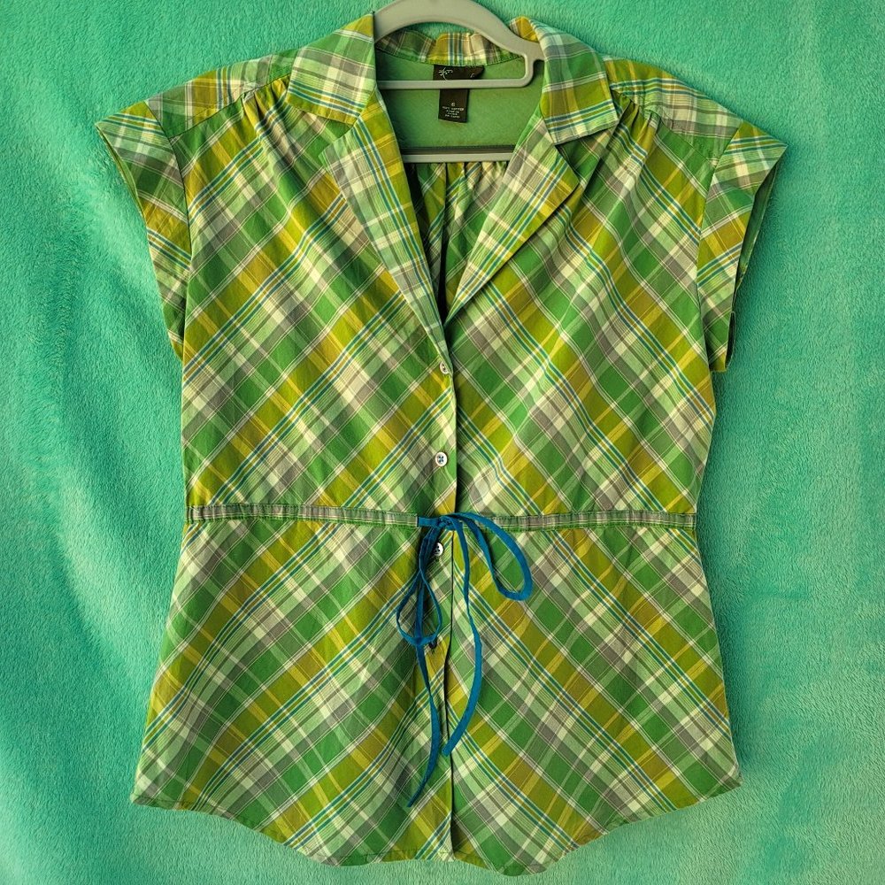 Anthropologie Green Plaid sleeveless summer shirt Size 6